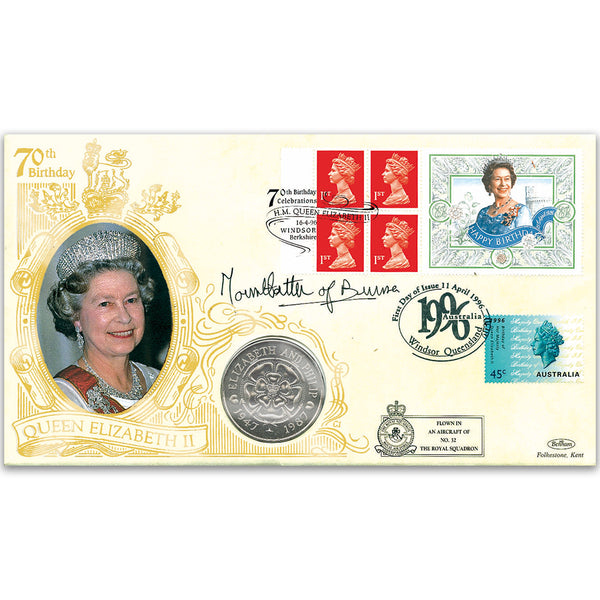 1996 HM Queen's 70th Coin Cover - Doubled - Signed by Countess Mountbatten of Burma