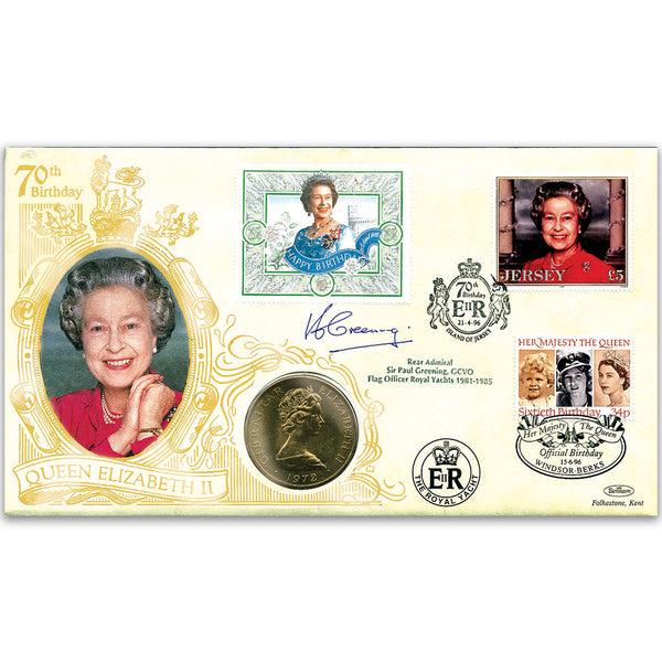 1996 Queen's 70th Doubled Coin Cover Signed Greening