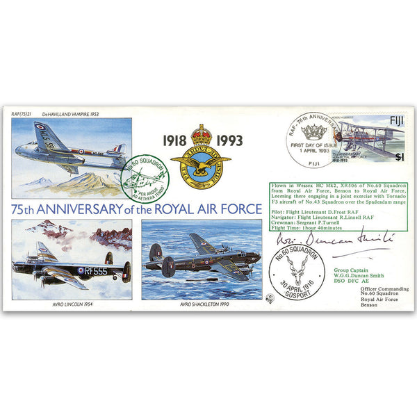 1993 Fiji RAF 75th - No. 60 Sqn. - Signed by Group Captain W. G. G. Duncan Smith DSO, DFC, AE