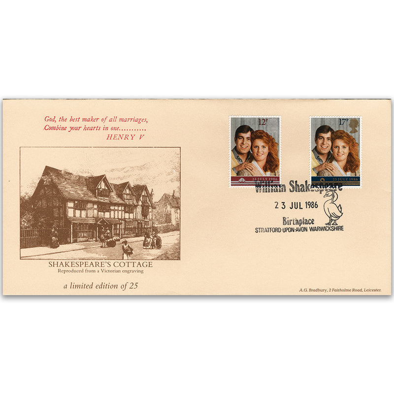 1986 Royal Wedding. Shakespeare's Cottage, Stratford h/s - Bradbury FDC