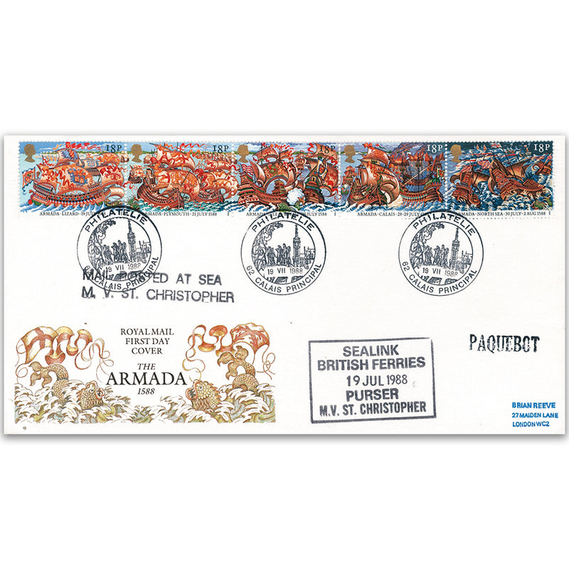 1988 Spanish Armada 400th: Paquebot cachet, Calais cancel - Royal Mail FDC