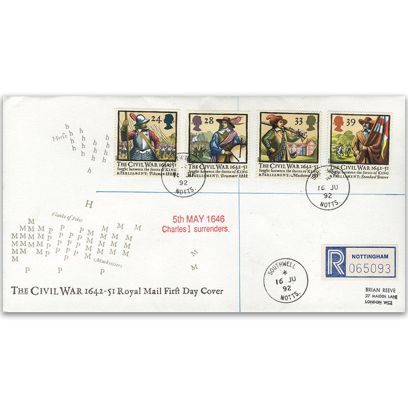 1992 Civil War 350th - Royal Mail FDC - Southwell CDS